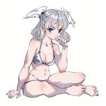  1girl 3: bangs bare_arms bare_legs bare_shoulders barefoot bikini blue_eyes braid breasts chromatic_aberration cleavage closed_mouth collarbone curly_hair eyebrows_visible_through_hair feathered_wings french_braid full_body hand_up head_wings highres looking_at_viewer medium_breasts melia navel shiomi_(lowrise) short_hair side-tie_bikini silver_hair simple_background sitting solo swimsuit white_background white_bikini white_wings wings xenoblade_(series) xenoblade_1 