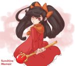  1girl arms_behind_back ashley_(warioware) black_hair bow dress frills khiuly long_hair looking_back orange_bow red_dress red_eyes twintails wand warioware 