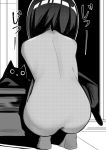  1girl animal ass back barefoot cat commentary_request dark_skin facing_away from_behind full_body greyscale indoors monochrome original solo squatting toy_box-r translation_request 
