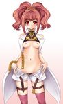  anya_alstreim belt blush breasts code_geass knights_of_the_round_uniform long_hair medium_breasts midriff open_fly red_eyes red_hair shirt_lift shorts solo thighhighs undressing unzipped yoshida_inuhito 