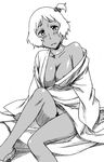  areola_slip areolae bad_id bad_pixiv_id bare_legs blush breasts cleavage dark_skin greyscale hyakko japanese_clothes kimono large_breasts mismatched_pubic_hair monochrome no_panties ooba_minato pubic_hair sawa_jaaji short_hair side_ponytail solo tears 