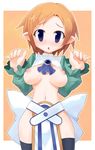  :o ascot bad_id bad_pixiv_id belt black_legwear blue_eyes blush bow breasts disgaea embarrassed gem green_shirt large_breasts loincloth looking_at_viewer magic_knight_(disgaea) midriff naked_tabard navel necktie nipples no_bra no_panties open_clothes open_shirt orange_hair pointy_ears puffy_nipples shirt short_hair solo standing striped surprised tabard thighhighs tsuderou turtleneck 