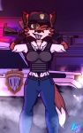  2019 anthro black_nose blaki_raiper breasts brown_hair canid canine car clothed clothing detailed detailed_background digital_media_(artwork) eyebrows female fingers fox fur gun hair hat headgear headwear long_hair looking_at_viewer mammal multicolored_fur night open_mouth open_smile pixel_(artwork) police ranged_weapon red_fur signature smile solo standing thick_eyebrows topwear vehicle venezuela vest weapon white_fur 