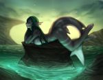  anthro breasts clothed clothing detailed_background digital_media_(artwork) female fin fish green_hair hair marine miosha nude outside shark smile solo water 