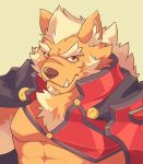 abs anthro boar_stag144 canid canine canis cape clothing demon facial_hair hair male mammal marchosias muscular muscular_male pecs scar simple_background solo tokyo_afterschool_summoners tusks video_games white_hair wolf yellow_background 