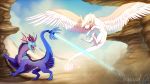  2019 blue_eyes day digital_media_(artwork) dragon duo feathered_dragon feathered_wings feathers feral flying hi_res horn open_mouth outside smile standing teeth tongue wings wrappedvi 
