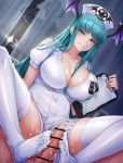  1boy 1girl bangs bar_censor bat_wings blunt_bangs blush breasts buttons censored cleavage clipboard collarbone cum curtains demon_girl dress ejaculation feet footjob green_eyes green_hair hat head_wings hetero highres large_breasts long_hair looking_at_viewer morrigan_aensland no_shoes nurse nurse_cap pantsu_majirou penis short_dress short_sleeves smile solo_focus spread_legs succubus thigh_strap thighhighs thighs vampire_(game) white_dress white_legwear wings 