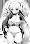  1girl bangs bikini blush breasts granblue_fantasy hat highres jacket kztk large_breasts long_hair looking_at_viewer monica_weisswind monochrome peaked_cap solo swimsuit twintails 