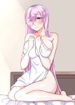  1girl barefoot bed bed_sheet blanket blush breasts cleavage covering eyes_visible_through_hair fate/grand_order fate_(series) hair_over_one_eye indoors large_breasts long_hair looking_at_viewer mabo-udon mash_kyrielight naked_sheet nude nude_cover on_bed pillow purple_eyes purple_hair sheet_grab smile solo under_covers 