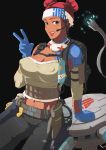  1girl apex_legends belt black_background black_pants blue_gloves breasts cleavage covered_nipples dark_skin double_bun gloves headband headset highres holster honma0220 intravenous_drip lifeline_(apex_legends) looking_at_viewer navel pants plug red_hair short_hair simple_background sitting smile solo surgical_mask tattoo v white_headband 
