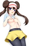  1girl :o bangs black_legwear blue_eyes blue_sleeves blush breasts breasts_outside brown_hair commentary_request double_bun legwear_under_shorts lifted_by_self long_hair looking_at_viewer medium_breasts mei_(pokemon) navel nipples no_bra open_mouth pantyhose pokemon pokemon_(game) pokemon_bw2 raglan_sleeves shirt shirt_lift short_sleeves shorts sidelocks simple_background solo toshishikisai twintails visor_cap white_background white_headwear white_shirt yellow_shorts 