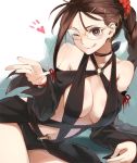 1girl ;q bangs bare_shoulders black_shorts blush braid breasts brown_hair choker cleavage closed_mouth collarbone consort_yu_(fate) detached_sleeves ear_piercing earrings eretto fate/grand_order fate_(series) glasses heart jewelry licking_lips long_hair looking_at_viewer medium_breasts multiple_earrings navel one_eye_closed open_mouth piercing revealing_clothes shorts smile solo tongue tongue_out very_long_hair 