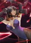  1girl alternate_costume armpits arms_up ass_visible_through_thighs black_hair black_legwear bloodstained:_ritual_of_the_night blue_eyes breasts brown_hair bunnysuit chest_tattoo cleavage dark_background elbow_gloves fingerless_gloves glasses gloves ian_olympia leotard miriam_(bloodstained) multicolored_hair pantyhose parted_lips short_hair solo strapless strapless_leotard tattoo two-tone_hair 