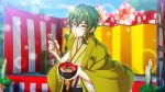  1boy alternate_costume bowl chewing cutlery_(senjuushi) eating embarrassed food game_cg green_hair hair_between_eyes haori highres holding holding_food japanese_clothes kadomatsu kimono looking_at_viewer male_focus mochi new_year no_hat no_headwear official_art orange_eyes outdoors screencap senjuushi:_the_thousand_noble_musketeers shimekazari sidelocks solo wide_sleeves zouni_soup 