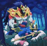  anthro anthro_on_anthro canid canine forest grass hi_res humanoid_penis legendary_pok&eacute;mon male male/male mammal melee_weapon mouth_hold muscular muscular_male nintendo penis pok&eacute;mon pok&eacute;mon_(species) signature sword tree video_games voviat weapon zacian zamazenta 