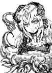  1girl alisfieze_fateburn_xvi breasts elbow_gloves flower gloves greyscale hair_between_eyes hair_flower hair_ornament hand_on_head horns jitsu_shizu long_hair looking_at_viewer mon-musu_quest! monochrome monster_girl parted_lips pointy_ears simple_background sketch solo tentacles upper_body white_background 