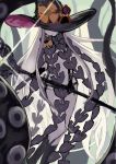  1girl abigail_williams_(fate/grand_order) absurdres black_bow bow fate/grand_order fate_(series) flower grey_hair grey_skin hat highres holding holding_weapon hoshibudou huge_filesize long_hair orange_bow polka_dot polka_dot_bow tentacles weapon witch_hat 