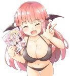  1girl :d ^_^ alice_margatroid arnest bangs bare_arms bare_shoulders bikini black_bikini blush book breasts closed_eyes collarbone commentary_request cowboy_shot demon_wings eyebrows_visible_through_hair facing_viewer fang groin halterneck hands_up head_wings holding holding_book koakuma large_breasts leaning_forward long_hair navel open_mouth patchouli_knowledge red_hair simple_background skin_fang smile solo standing stomach swimsuit thighs touhou very_long_hair w white_background wings 