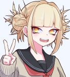  1girl absurdres bangs blonde_hair boku_no_hero_academia commentary_request double_bun eyebrows_visible_through_hair face fangs highres huge_filesize jipponwazaari long_sleeves looking_at_viewer messy_hair school_uniform simple_background smile solo toga_himiko v white_background yellow_eyes 