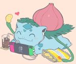  ^_^ bag_of_chips blush chips claws closed_eyes closed_mouth cola commentary cup drinking_glass drinking_straw earphones eating food full_body gen_1_pokemon happy heart holding ivysaur lying nintendo_switch no_humans on_stomach pink_background playing_games pokemon pokemon_(creature) simple_background super_smash_bros. yasaikakiage 