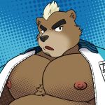 1:1 anthro ashigara bozi brown_fur clothed clothing facial_hair fur hi_res male mammal mohawk_(hairstyle) nipples open_mouth open_shirt solo tokyo_afterschool_summoners ursid video_games 