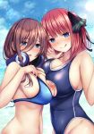  2girls :o :q areolae asymmetrical_docking bangs bare_shoulders bikini bikini_aside black_ribbon blue_bikini blue_eyes blunt_bangs blush breast_press breasts brown_hair cleavage closed_mouth collarbone eyebrows_visible_through_hair fou_zi go-toubun_no_hanayome groin hair_between_eyes hair_ornament hair_ribbon hands_up headphones headphones_around_neck highleg highleg_swimsuit highres large_breasts long_hair looking_at_viewer medium_breasts multiple_girls nakano_miku nakano_nino navel nippleless_clothes nipples pink_hair ribbon smile stomach swimsuit tongue tongue_out wet 