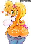  &lt;3 2019 anthro bandicoot big_breasts big_butt blonde_hair bodily_fluids bottomwear breasts butt clothing coco_bandicoot crash_bandicoot_(series) cum cum_on_butt eyeshadow female flower flower_in_hair genital_fluids green_eyes grin hair hi_res long_hair looking_at_viewer looking_back makeup mammal marsupial matospectoru naughty_dog one_eye_closed pants pants_pull plant rear_view shirt simple_background smile solo sony_corporation sony_interactive_entertainment topwear video_games white_background wink 
