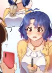 2girls blue_hair blush breasts brown_eyes brown_hair bubble_tea_challenge cellphone collarbone eyebrows_visible_through_hair holding holding_cellphone holding_phone idolmaster idolmaster_million_live! jewelry kamille_(vcx68) large_breasts long_sleeves looking_at_another multiple_girls necklace parted_lips phone short_hair smartphone toyokawa_fuuka wavy_hair yokoyama_nao 
