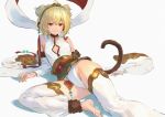  1girl andira_(granblue_fantasy) animal_ears barefoot blonde_hair breasts detached_leggings detached_sleeves erune granblue_fantasy hagoromo hairband lying monkey_ears monkey_tail shawl small_breasts smile tail two_side_up wasabi60 white_background wide_sleeves 