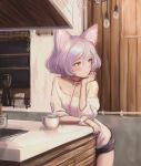  2019 animal_humanoid blush bottomwear cat_humanoid clothed clothing collar cup felid felid_humanoid feline feline_humanoid female grey_hair hair hi_res humanoid kitchen kozato leash mammal mammal_humanoid off_shoulder shirt short_hair shorts solo topwear yellow_eyes 