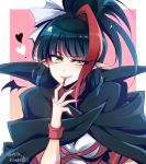  1girl absurdres artist_name black_hair blush cape dated fingernails grin hair_ribbon heart highres kiraki long_fingernails looking_at_viewer millaarc multicolored_hair pointy_ears ponytail red_hair ribbon senki_zesshou_symphogear senki_zesshou_symphogear_xv sharp_teeth slit_pupils smile solo star teeth upper_body wings wristband yellow_eyes 