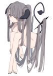  1girl bangs black_nails black_wings breasts brown_eyes cleavage closed_mouth commentary_request demon_girl demon_horns demon_tail demon_wings detached_wings eyebrows_visible_through_hair eyes_visible_through_hair fingernails full_body grey_hair hair_over_eyes highres horns leg_hug long_hair medium_breasts nail_polish nude original paryi simple_background solo tail toenail_polish toenails twintails very_long_hair white_background wings 