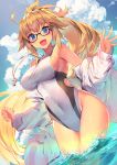  1girl :d aguy armpits bare_shoulders black-framed_eyewear blue_eyes blue_sky breasts brown_hair cloud commentary_request competition_swimsuit covered_navel day fate/grand_order fate_(series) glasses impossible_clothes impossible_swimsuit jacket jeanne_d&#039;arc_(fate)_(all) jeanne_d&#039;arc_(swimsuit_archer) large_breasts long_hair looking_at_viewer off_shoulder one-piece_swimsuit open_clothes open_jacket open_mouth outdoors sky smile solo sunlight swimsuit tan tanline thighs very_long_hair wading water whistle white_jacket white_swimsuit 