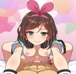  a.i._channel aqua_eyes bar_censor breasts brown_hair censored clothed_sex cowgirl_position cropped_jacket girl_on_top hairband headphones kizuna_ai looking_at_viewer lying multicolored_hair nipples nt00 on_back outstretched_arms penis pink_hair pov pussy short_hair short_sleeves smile spread_legs straddling two-tone_hair vaginal virtual_youtuber 