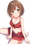  1girl :o bangs bare_arms bare_legs barefoot bikini bikini_skirt blush bow_bikini breasts brown_hair cleavage collarbone eyebrows_visible_through_hair frill_trim green_eyes idolmaster idolmaster_cinderella_girls idolmaster_cinderella_girls_starlight_stage looking_at_viewer maekawa_miku medium_breasts namidako navel open_mouth plaid plaid_bikini red_bikini seiza short_hair simple_background sitting solo swimsuit white_background 