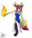  2018 absurd_res anthro big_breasts black_fur braixen breasts butt canid canine canis charles_bill_tremper chest_fur chest_tuft claws clothed clothing cuffs_(disambiguation) digital_media_(artwork) dress eyelashes fan_character feet female fennec fingers fire fox fur fur_collar gloves_(marking) hair hair_over_eye hi_res inner_ear_fluff mammal markings mikayla_firefoxx multicolored_fur nintendo orange_eyes pok&eacute;mon pok&eacute;mon_(species) red_fur red_nose short_hair simple_background smile solo stick toes tuft video_games white_fur yellow_fur 