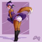  1:1 anthro bent_over blush bottomwear canid canine clothing diaper embarrassed exposed female fox gamer2 looking_at_viewer mammal open_mouth skirt solo upskirt watermark wind 