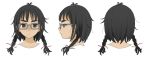  1girl :&lt; bangs black_eyes black_hair braid eyebrows face freckles glasses highres jimiko long_hair looking_at_viewer minamohajime original profile simple_background solo thick_eyebrows twin_braids white_background 
