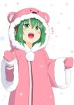  1girl :d animal_ears bear_hood coat dog_ears fur-trimmed_hood fur-trimmed_sleeves fur_trim green_eyes green_hair highres hood hood_up hooded_coat kasodani_kyouko kazawa_(tonzura-d) long_sleeves mittens open_mouth pink_coat smile snowing touhou winter_clothes winter_coat 