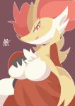  absurd_res anthro breasts delphox featureless_breasts female fur hand_on_breast hi_res looking_at_viewer nintendo nyaswitchnya open_mouth pok&eacute;mon pok&eacute;mon_(species) red_eyes red_fur simple_background solo video_games white_fur yellow_fur 