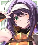  1girl bare_shoulders breasts dress fingerless_gloves fire_emblem fire_emblem:_path_of_radiance fire_emblem_heroes gloves green_eyes headband highres long_hair medium_breasts mia_(fire_emblem) nakabayashi_zun one_eye_closed purple_hair v white_headband 