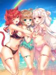  3girls :d ;d ahoge animal_ears aqua_eyes aqua_nails aqua_swimsuit armpits bare_arms bare_legs bare_shoulders barefoot bead_bracelet beads bikini black_bikini blue_sky blush bracelet breasts brown_eyes brown_hair cat_ears cat_girl cat_tail cleavage cloud commentary_request day fang frills groin hair_bun hair_ornament hand_up heart heart_ahoge heart_cutout heart_hair_ornament jewelry large_breasts leg_up long_hair looking_at_viewer multiple_girls navel navel_cutout one-piece_swimsuit one_eye_closed open_mouth original outdoors pink_bikini rainbow red_eyes red_hair sarong side-by-side silver_hair skindentation sky smile standing standing_on_one_leg stomach suzunone_rena swimsuit tail thigh_strap thighs very_long_hair w x_hair_ornament 