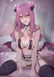  1girl artist_name bed black_choker black_legwear blush breasts choker commentary_request demon_girl demon_horns demon_wings garter_belt hair_between_eyes highres horns karinto_yamada large_breasts lingerie long_hair looking_at_viewer low_wings mole mole_on_breast open_mouth original panties pink_eyes pink_hair signature sitting skindentation solo succubus thighhighs underwear wariza wings 