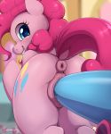  2019 animal_genitalia animal_pussy anus blue_eyes blurred_background bodily_fluids cannon cutie_mark digital_media_(artwork) dock earth_pony equid equine equine_pussy evomanaphy eyelashes female friendship_is_magic genital_fluids grin hair hi_res horse looking_at_viewer looking_back mammal my_little_pony penetration pink_hair pinkie_pie_(mlp) pony puffy_anus pussy pussy_juice ranged_weapon signature smile solo vaginal vaginal_penetration weapon 