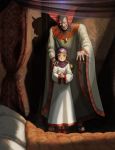  1boy 1girl :d blonde_hair breasts closed_mouth commentary_request curly_hair dragon_quest dragon_quest_ii dress feet frown hargon highres hood long_hair long_sleeves open_mouth princess princess_of_moonbrook robe sandals smile standing youkai_ankake 