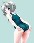  1girl adjusting_clothes adjusting_swimsuit ahoge ass bangs bare_arms bare_shoulders blue_eyes blush closed_mouth commentary_request eyebrows_visible_through_hair fingernails green_background green_swimsuit grey_hair hair_between_eyes highres kaze_makase leaning_forward looking_at_viewer looking_back one-piece_swimsuit original school_swimsuit short_hair simple_background solo swimsuit 