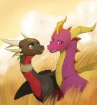  2019 ambiguous_gender blush cynder day detailed_background digital_media_(artwork) dragon duo feral outside scalie sitting smile spyro spyro_the_dragon video_games western_dragon wings wrappedvi 