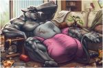  anthro belly big_belly big_penis bodily_fluids bulge canid canine canis food fur grey_fur hi_res huge_penis hyper hyper_bulge inside male male_pred mammal messy muscular muscular_male necktie neodokuro penis pizza plant sofa solo sweat vore waffle_(character) wolf 