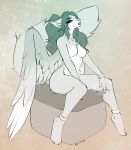  anthro breasts collar feathered_wings feathers featureless_breasts felid feline female fur hair hi_res makeup mammal nude pandora_(artist) sitting solo watermark wide_hips wings 