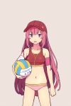  1girl adapted_costume alternate_costume anchor_symbol baseball_cap beach_volleyball breasts collarbone cowboy_shot grey_background hat kamikaze_(kantai_collection) kantai_collection long_hair looking_at_viewer nakaaki_masashi navel open_mouth pink_hair purple_eyes red_headwear simple_background small_breasts solo sports_bikini standing swimsuit volleyball 